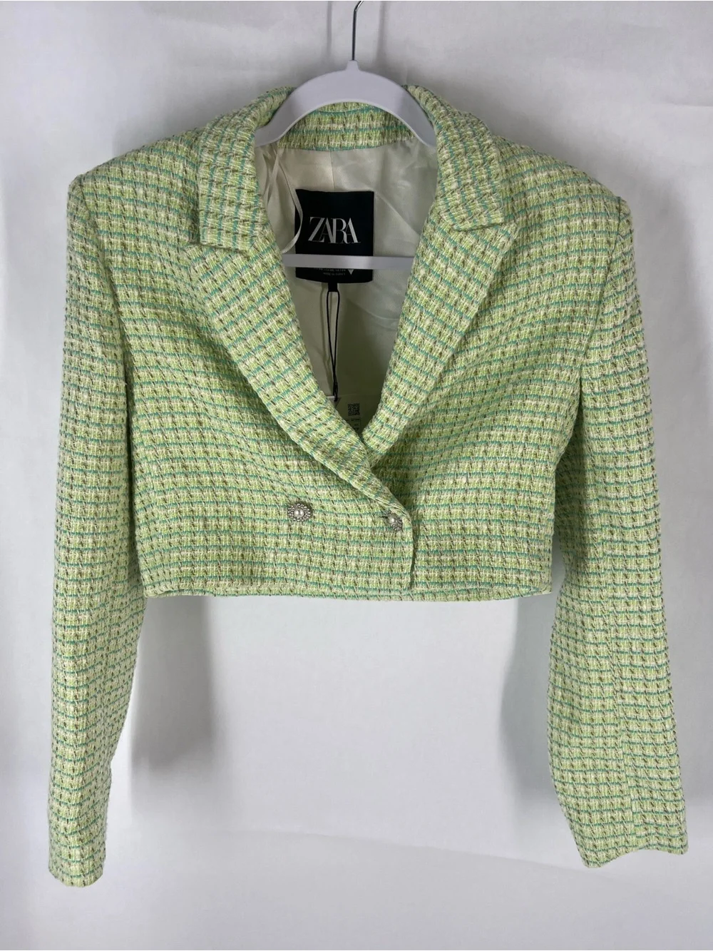 ZARA NWT Green Tweed Cropped Blazer Pearl Buttons Size XS